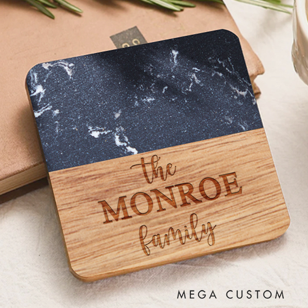 Personalized Classic Family Name Coaster Custom Marble Wooden Coaster Housewarming Gifts Anniversary Gift for Couples New Home Gift Christmas Gifts