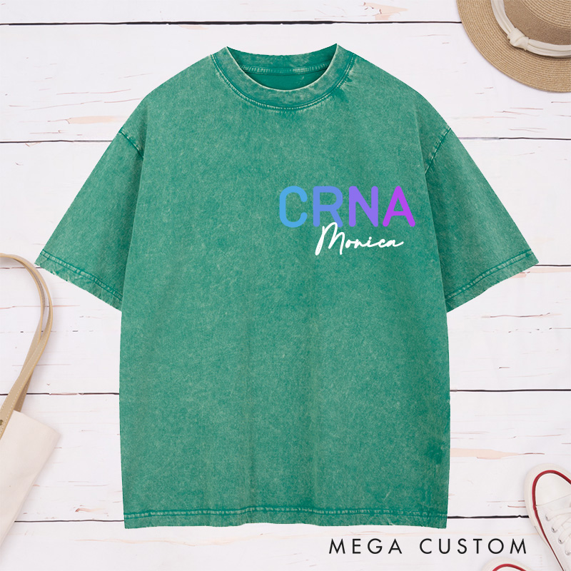 Personalized Nurse Washed T-Shirt Customized Vintage Brown CRNA Design Washed T-Shirt 