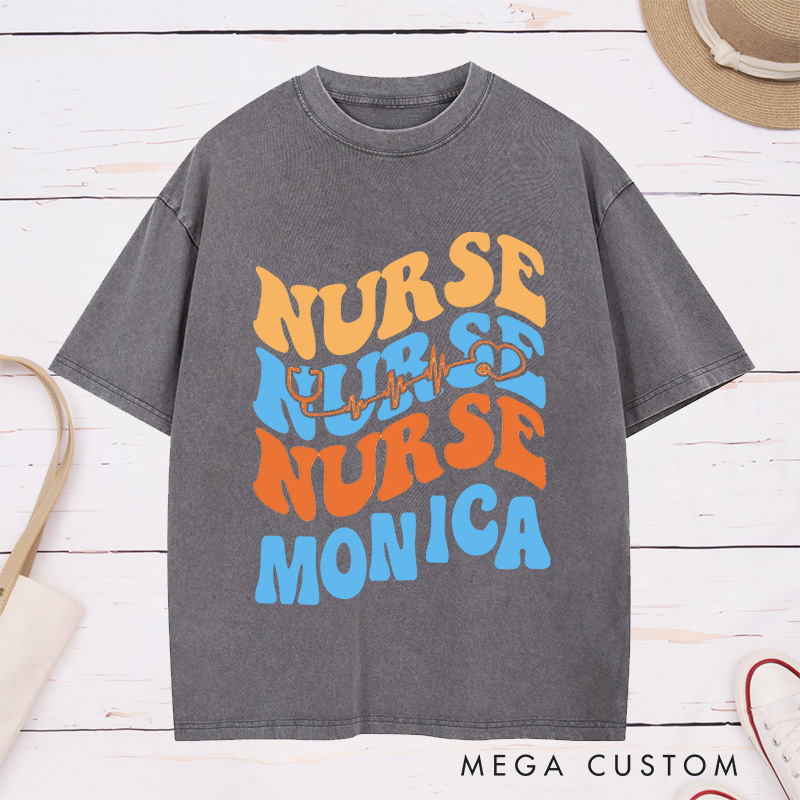 Personalized Nurse Washed T-Shirt Customized Heartbeat Nurse Design Washed T-Shirt 