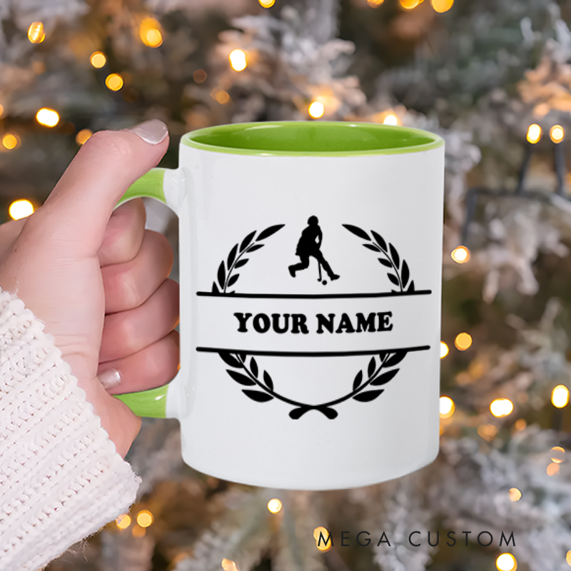 Personalized Hockey Mug with Custom Name Laurel Wreath and Player Silhouette Design Perfect Gift for Hockey Fans and Players