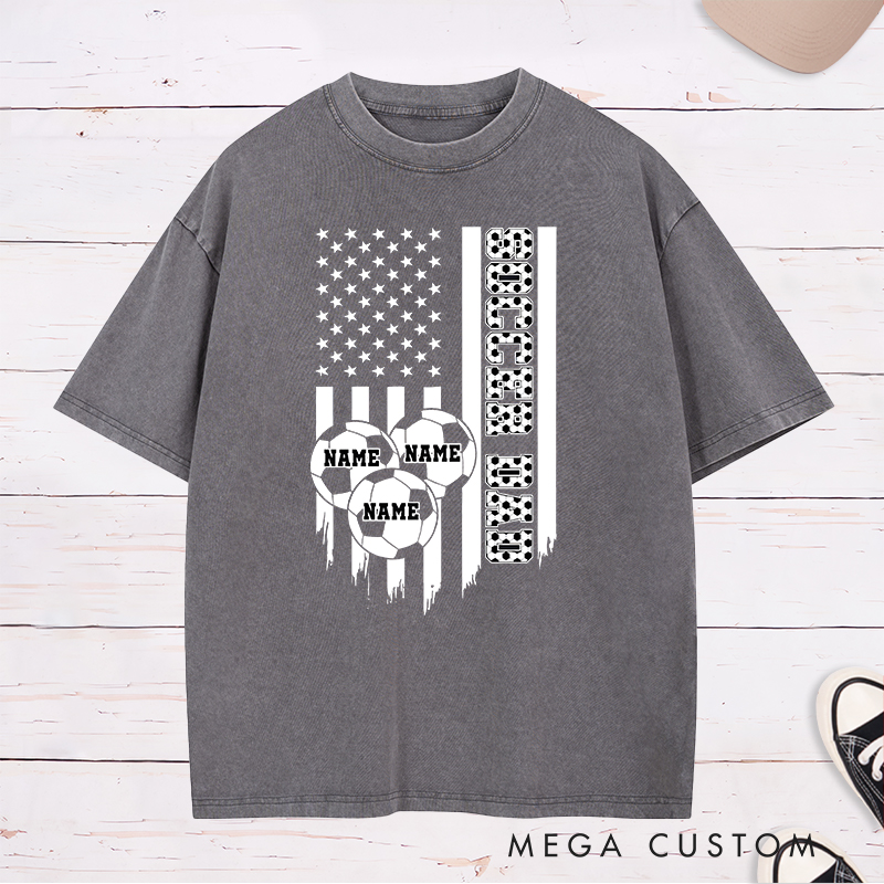 Personalized Soccer Dad Washed T-Shirt with American Flag and Custom Name