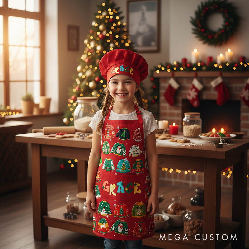 Personalized Ugly Sweater Baking Cookies Adjustable Kid Apron Chef Hat Set with Pocket and Name for Christmas Baking Birthday Holiday Gift for Kids