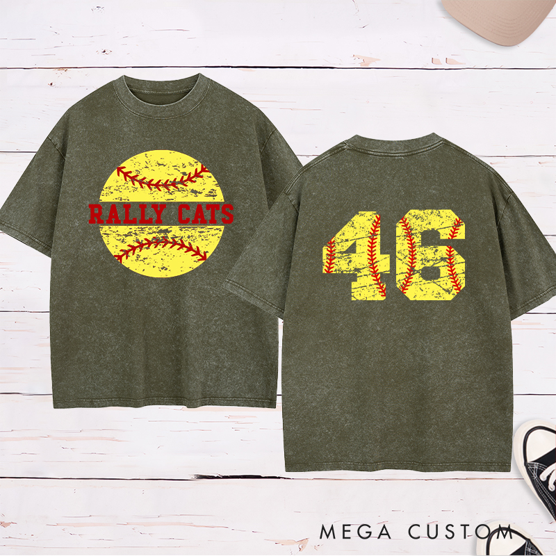 Personalized Softball Washed T-Shirt Design Featuring Custom Team Name Distressed Softball Graphic and Bold Jersey Number on the Back