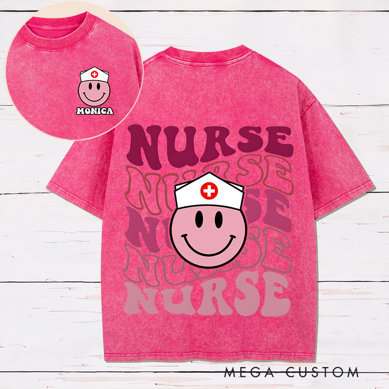 Personalized Two Sides Printed Washed T-Shirt Customized Retro Smiley Nurse Design Washed T-Shirt Nurse Week Gift