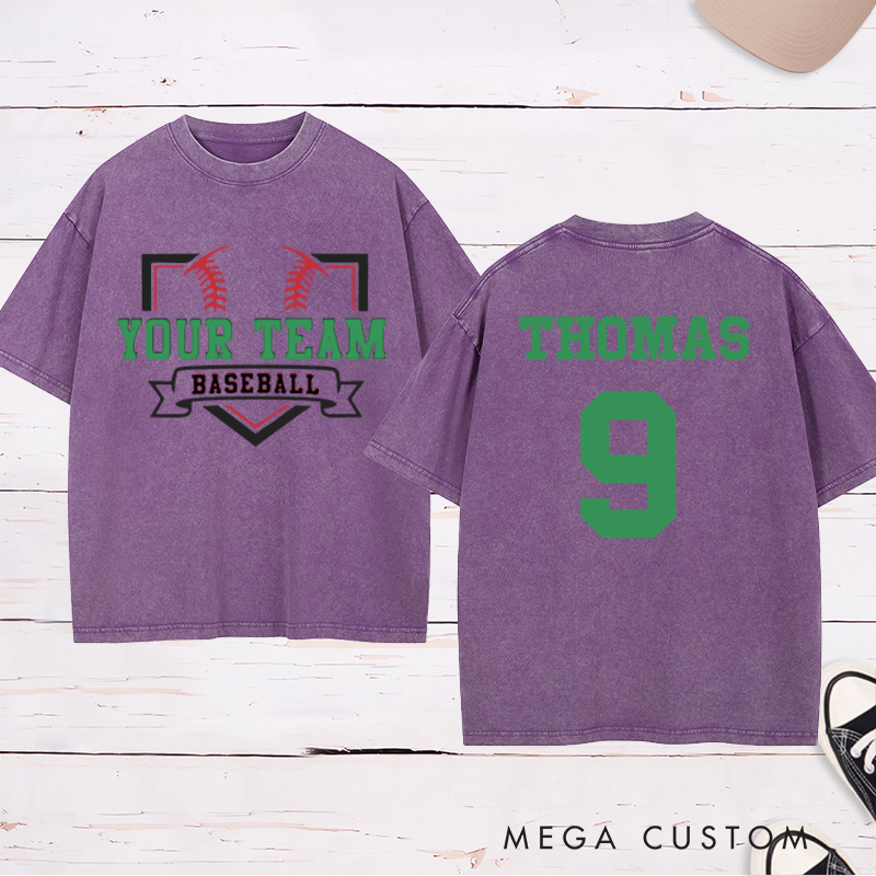 Personalized Team Name Baseball Home Plate Design Washed T-Shirt