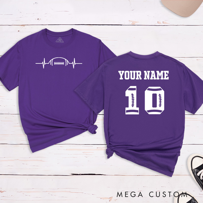 Personalized American Football and Rugby Heart Beat T-Shirts Featuring Custom Name and Number
