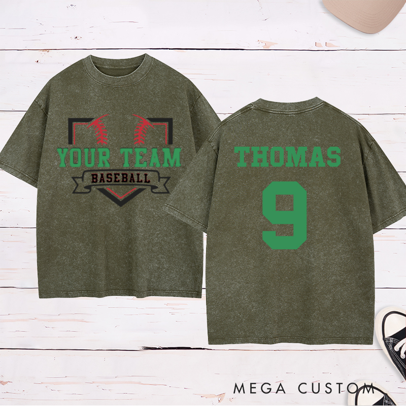 Personalized Team Name Baseball Home Plate Design Washed T-Shirt