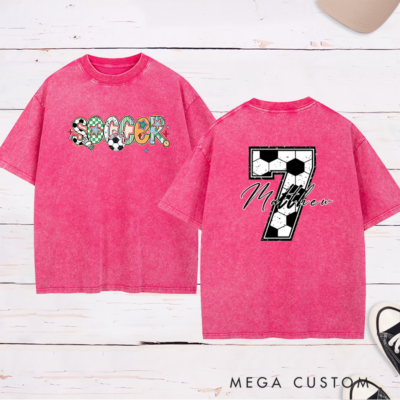 Personalized Soccer Washed T-Shirt with Colorful Patterned Lettering and Custom Name and Number