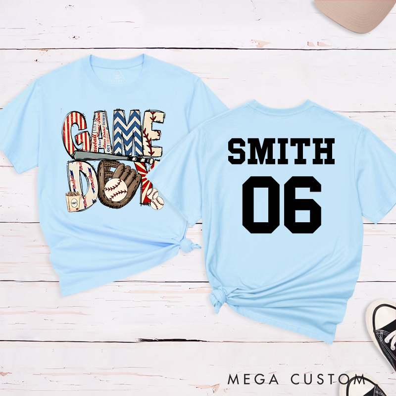 Personalized Patriotic "Game Day" Baseball T-Shirt with Custom Name and Number  