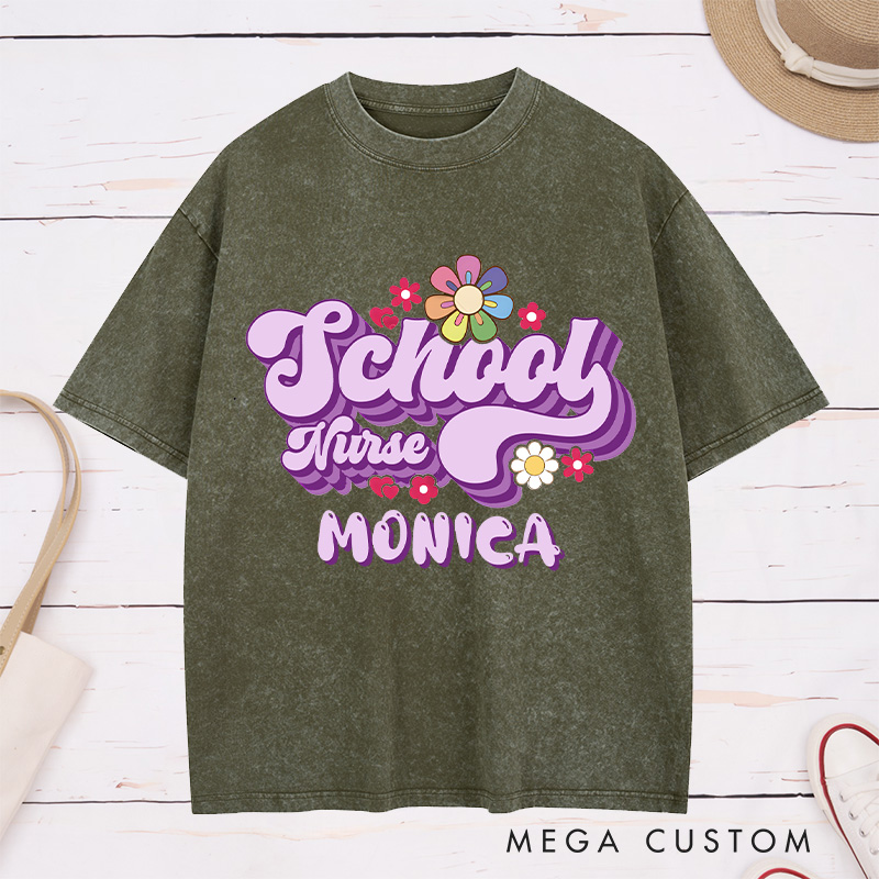 Personalized Nurse Washed T-Shirt Customized School Nurse Retro Floral Design Washed T-Shirt 