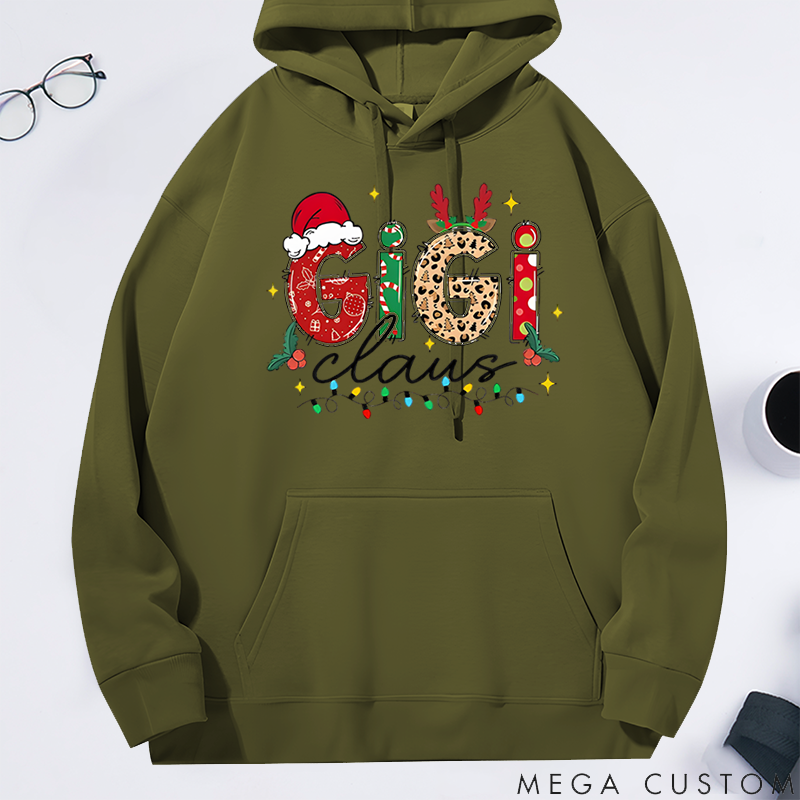 Personalized Christmas Mama Gigi Nana Claus Classic Hoodie with Santa Hat and Reindeer Antler Decorations