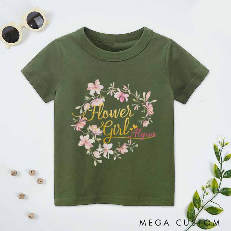 Personalized Watercolor Whimsical Floral Wreath Wedding Flower Girl T-Shirt 