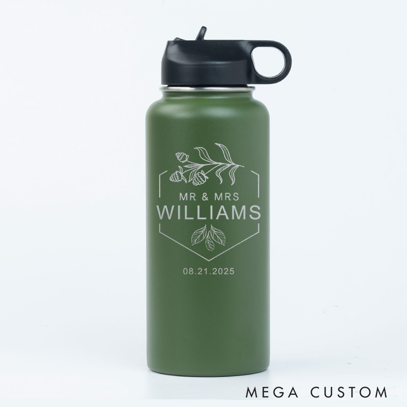 Personalized Mr and Mrs Acorns Couple 32oz Insulated Bottle with Straw