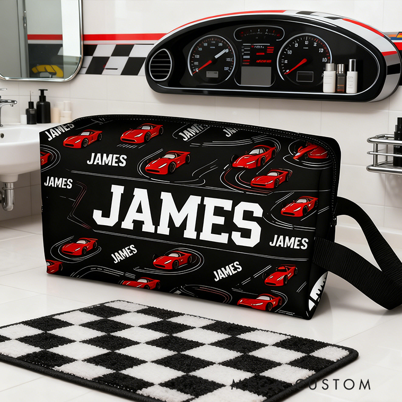 Personalized Racing Theme Toiletry Bag Custom Name Waterproof Travel Pouch with Car Print Multi Color Gifts