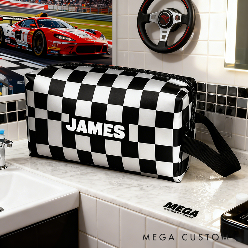 Personalized Checkered Racing Toiletry Bag Custom Name Waterproof Travel Pouch Classic Car Flag Design Gifts