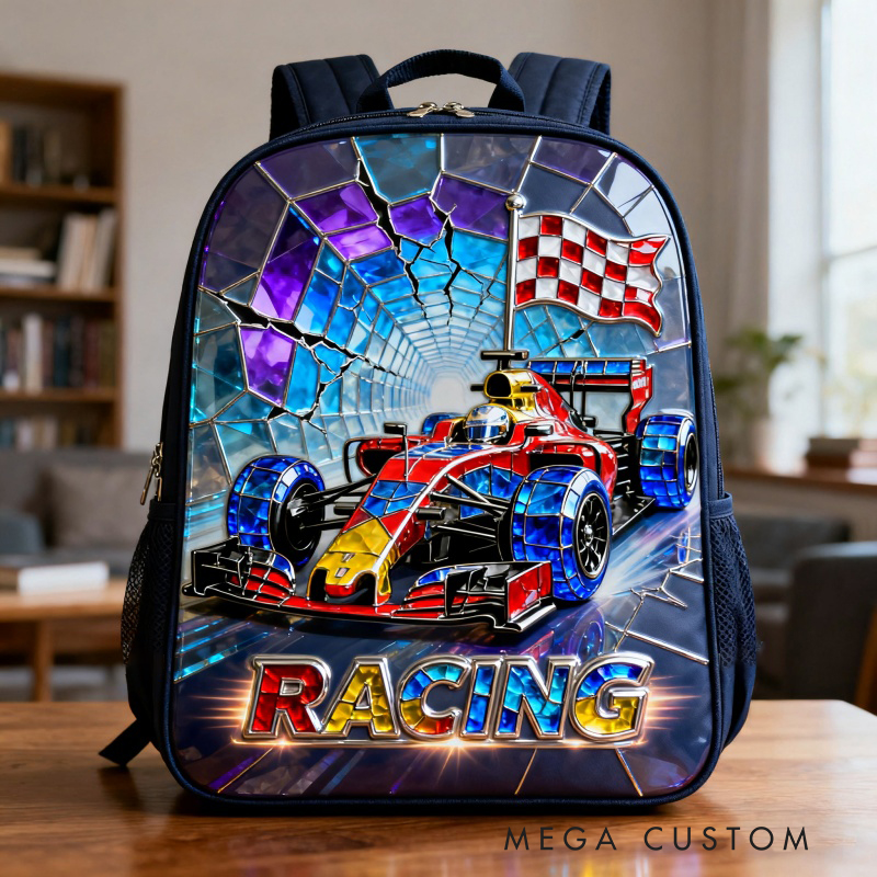 Personalized Stained Glass Racing Backpack Custom Name Oxford Bag for Racers and Racing Enthusiasts