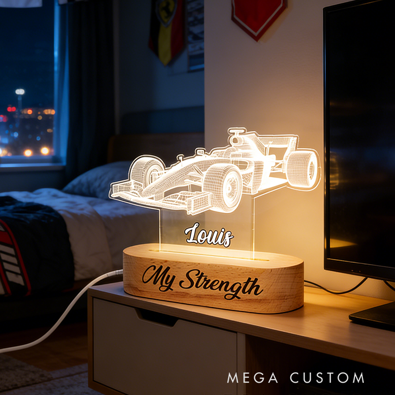 Personalized Racing Gifts Custom Name Acrylic Car Night Light Beech Wood LED Lamp for Car Lovers Bedroom Decor