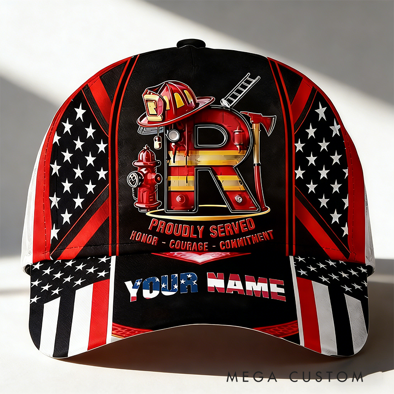 Personalized Firefighter Gifts Custom Name and Initial Alphabet Full Print Cap American Flag Firefighter Hat for Firemen