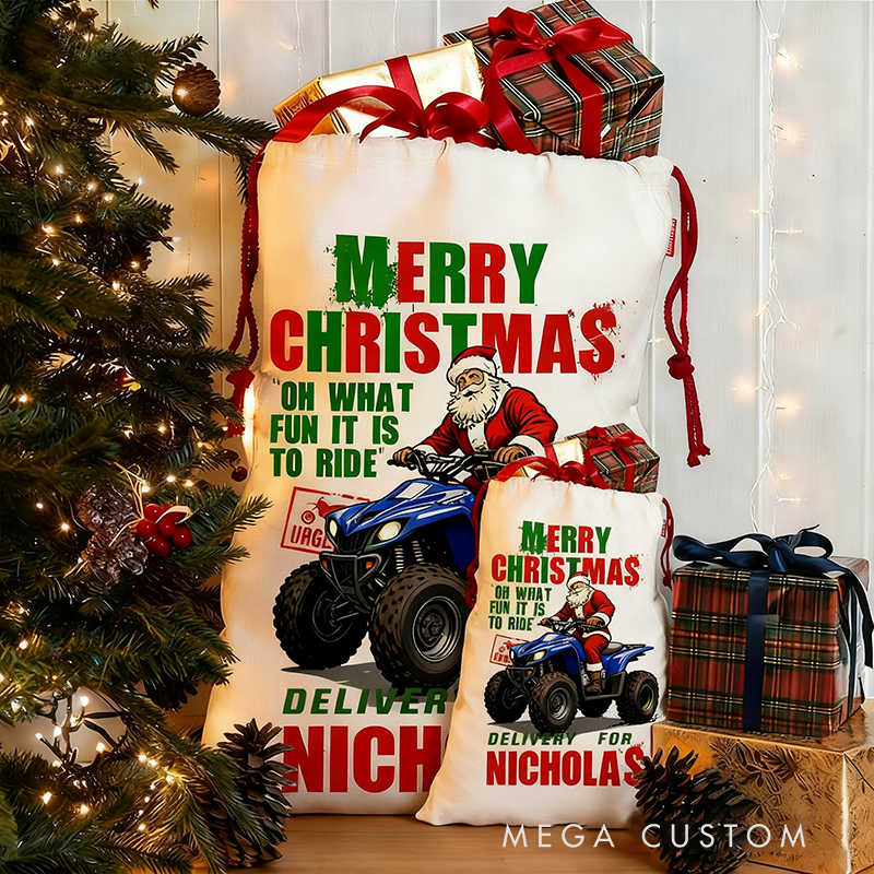 Personalized Santa on Sport Quad Racer Christmas Sack Custom Name Holiday Gift Bag for Racers and Racing Lovers