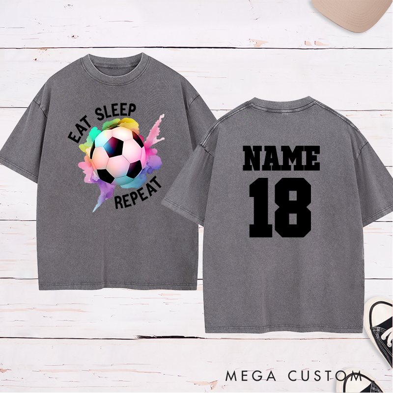 Personalized Soccer Washed T-Shirt with "Eat Sleep Repeat" Design and Custom Name and Number