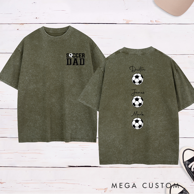 Personalized Soccer Dad Washed T-Shirt with Custom Kids’ Names and Ball Graphics