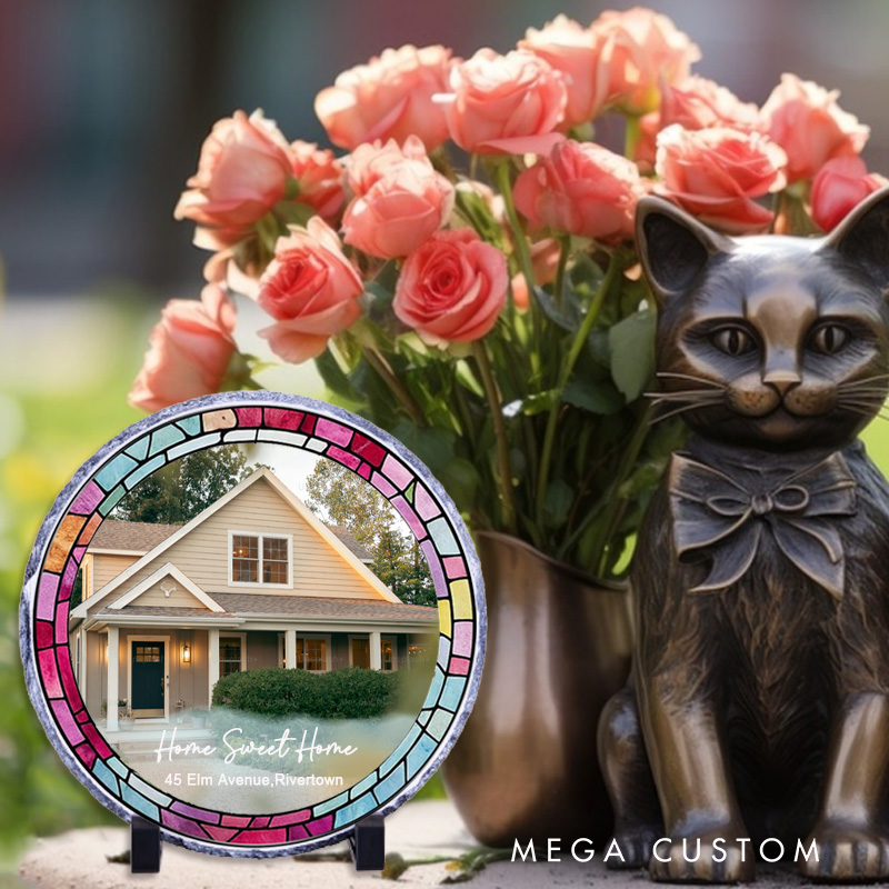 Personalized Home Sweet Home Decorative Plaque Custom House Photo and Stained Glass Design Tabletop Display Perfect for New Homeowners Housewarming Gift Keepsake
