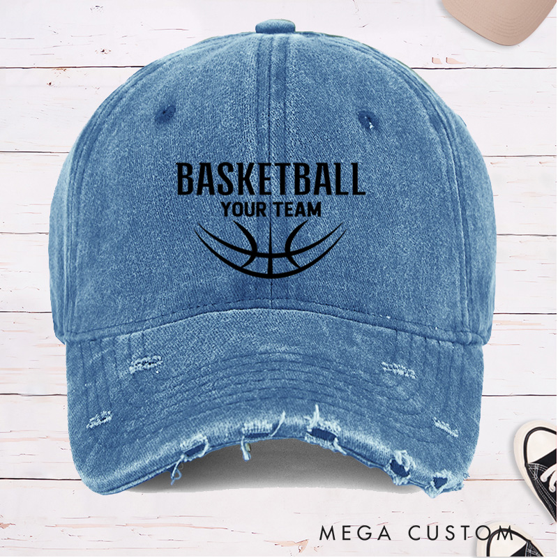 Personalized Distressed Denim Basketball Cap with Custom Team Name and Modern Basketball Graphic Design
