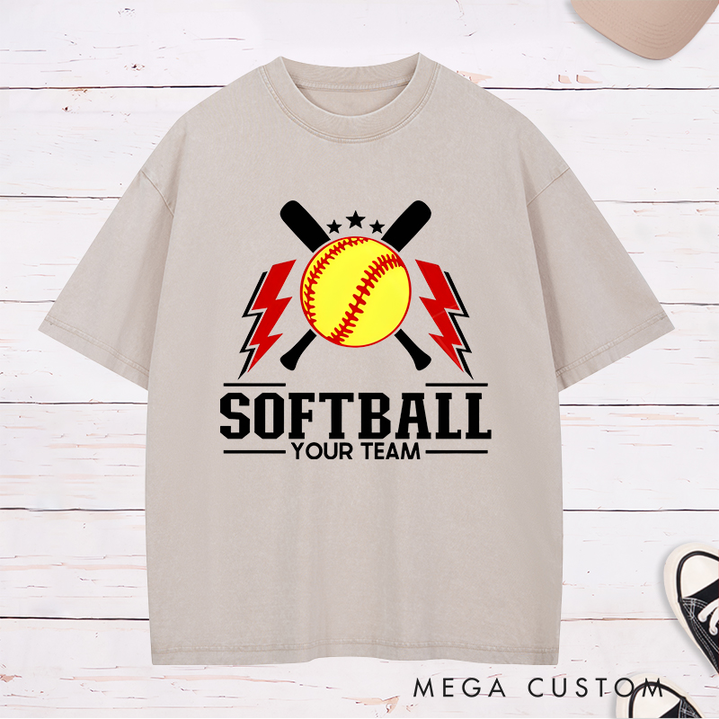 Personalized Softball Team Washed T-Shirt Design Featuring Customizable Team Name Bold Softball Graphics Crossed Bats and Striking Lightning Elements