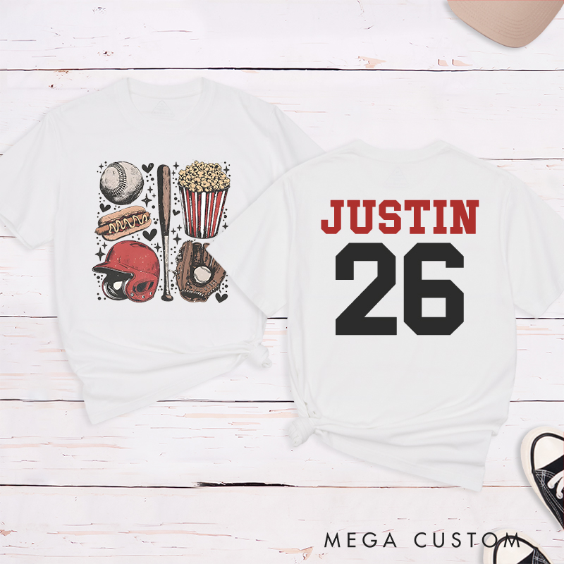 Personalized Sports Fan Tee with Baseball-Themed Graphics and Custom Text