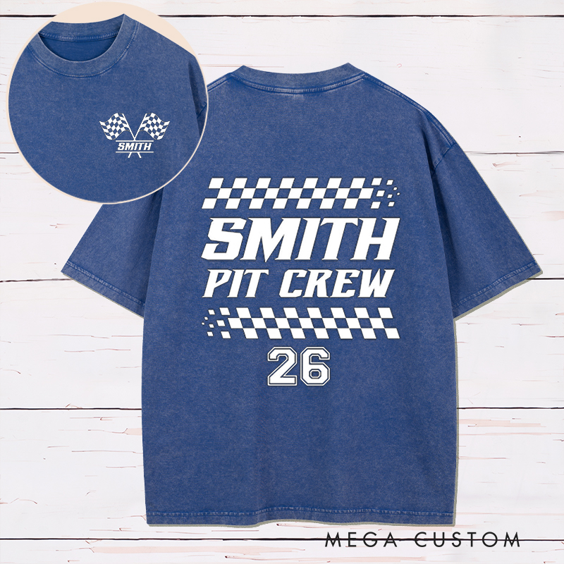 Personalized Racing Pit Crew Washed T‑Shirt Custom Name and Number Retro Vintage Racing Tee Car Lover Gift Matching Team Shirt