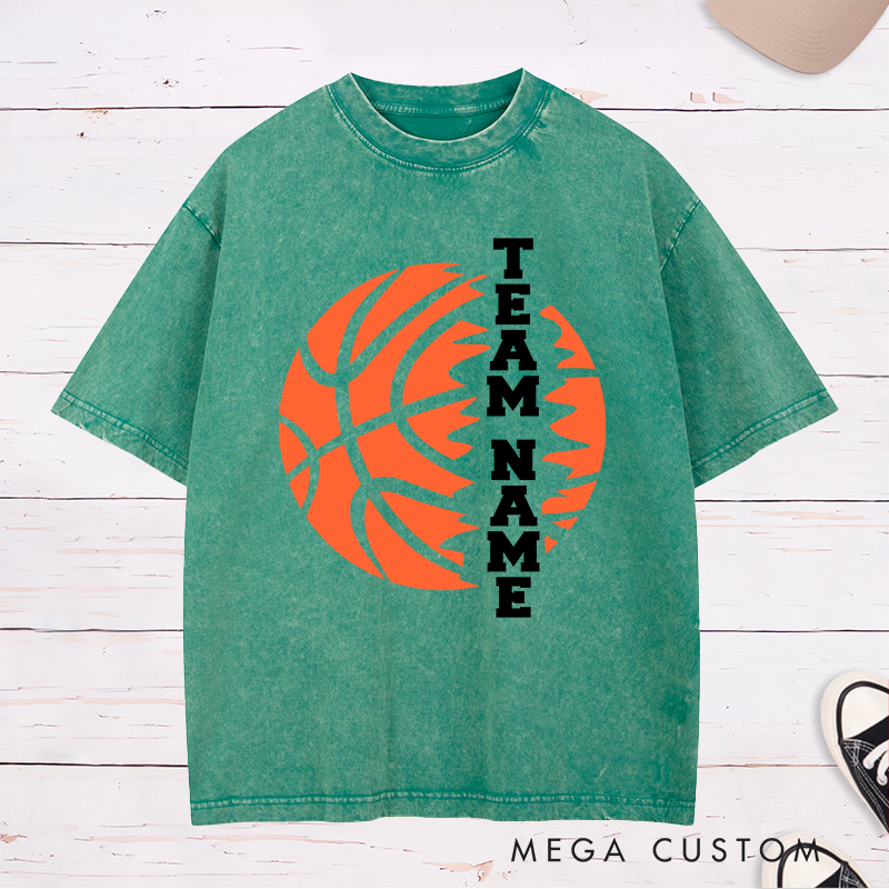 Personalized Washed T-Shirt Design Featuring Custom Team Name with Bold Vertical Text and Dynamic Basketball Graphic