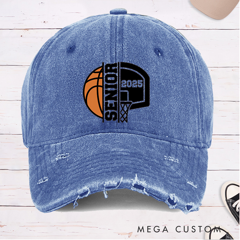 Personalized Distressed Denim Basketball Cap with Customizable Year Senior and Basketball Hoop Graphic Design