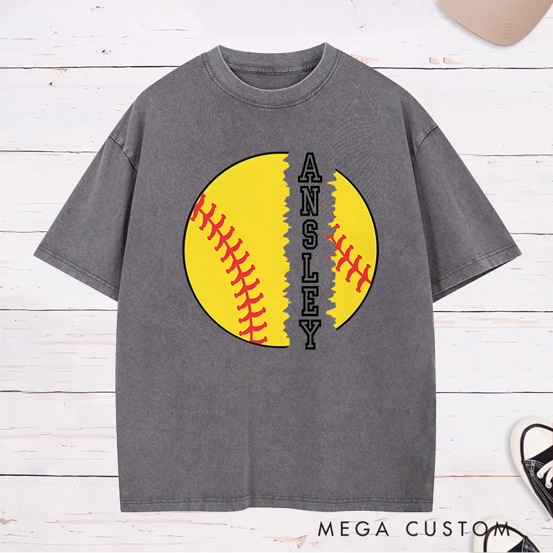 Personalized Softball Washed T-Shirt Design Featuring Torn Softball Graphic and Customizable Vertical Name Text for a Bold and Unique Look
