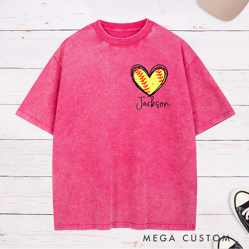 Personalized Softball Heart Washed T-Shirt Design Featuring Custom Name and Vibrant Softball Stitching Graphic