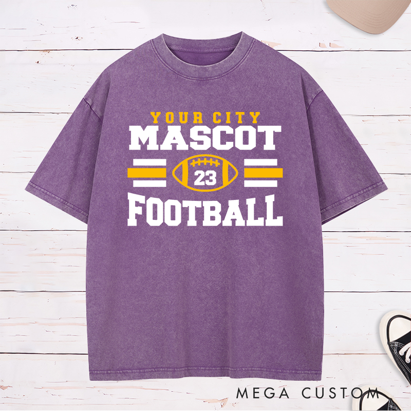 Personalized American Football Washed T-Shirts Featuring Custom Mascot, City and Number