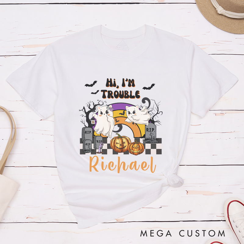 Personalized Cat Halloween Couple Matching Shirt Where I Go Trouble Follows Couple T-Shirt