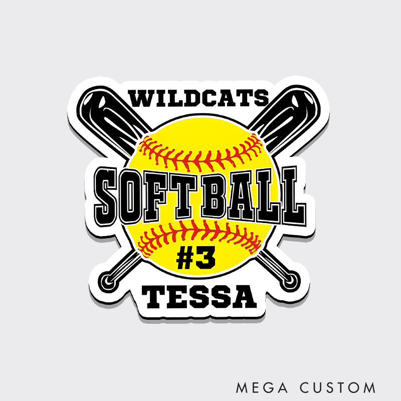 Personalized Softball Refrigerator Magnet with Custom Team Name Player Name Number and Crossed Bats Design
