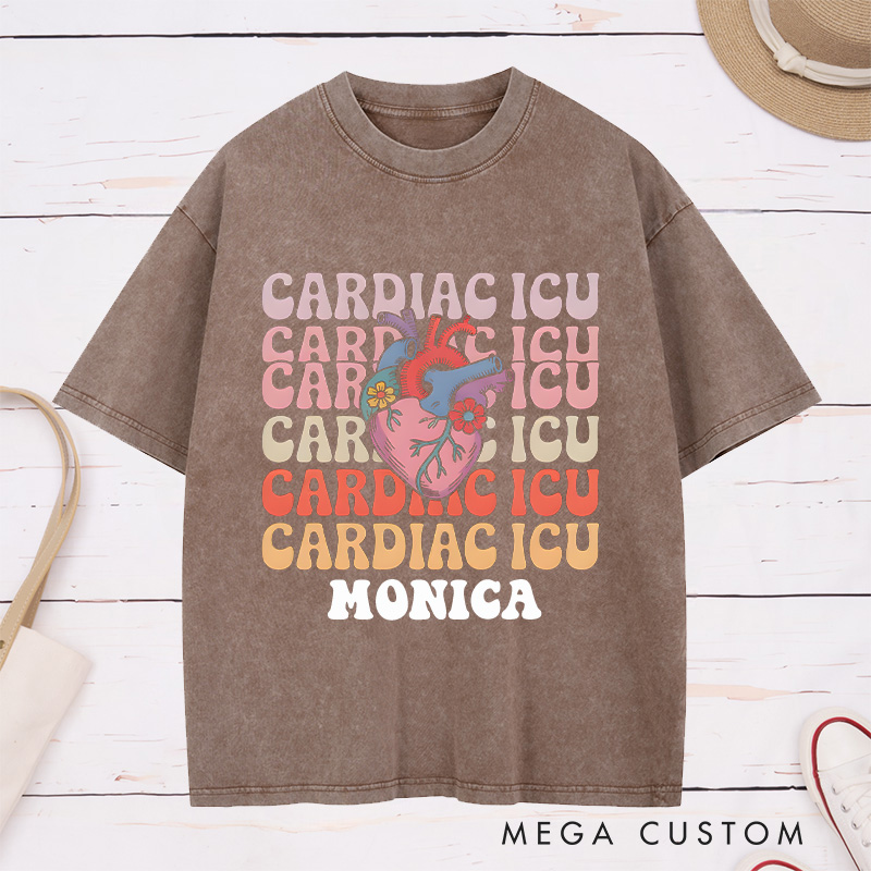 Personalized Nurse Washed T-Shirt Customized Cardiac ICU Design Washed T-Shirt 