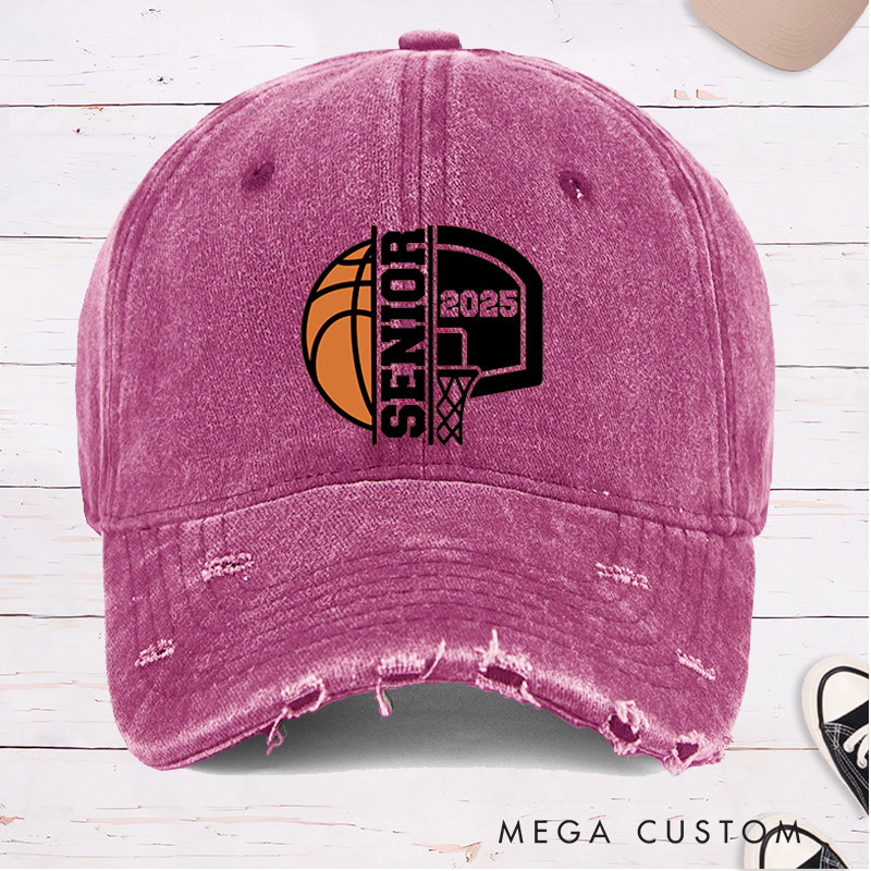 Personalized Distressed Denim Basketball Cap with Customizable Year Senior and Basketball Hoop Graphic Design