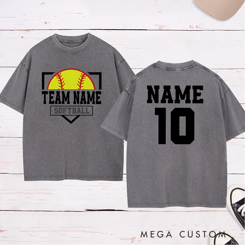 Personalized Softball Team Washed T-Shirt Design Featuring Custom Team Name Player Name and Number with Bold Graphics