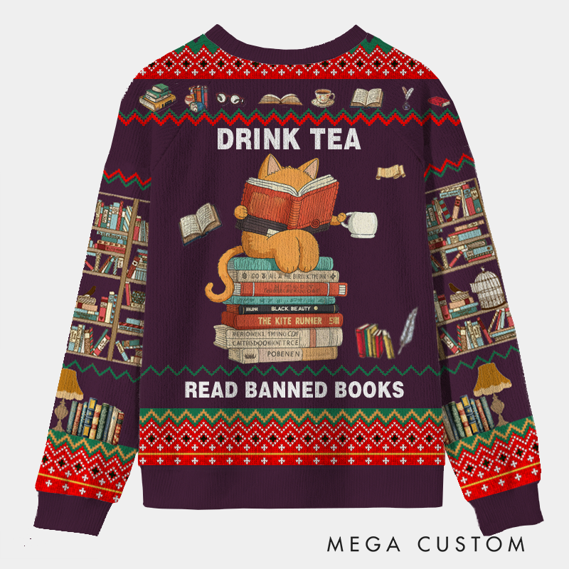 Personalized Rebel Reader Tea Time Ugly Sweater Holiday Gift for Librarians