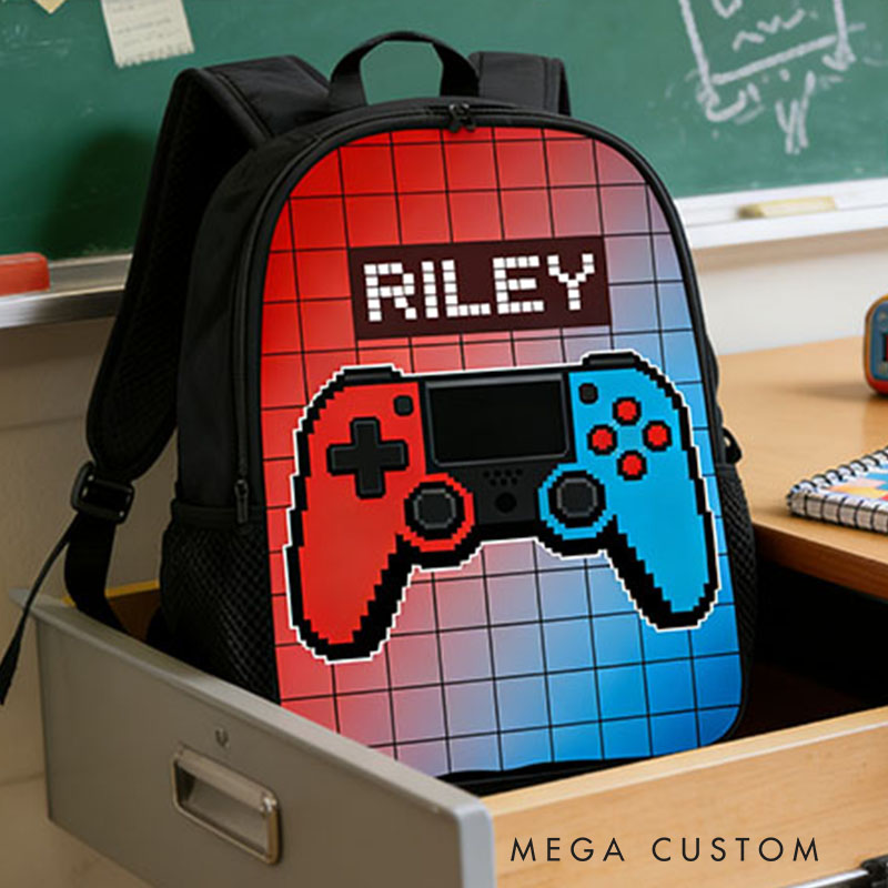 Personalized Cartoon Game Controller Backpack Custom Name for Kids and Game Lovers Birthday Black to School Christmas Gift
