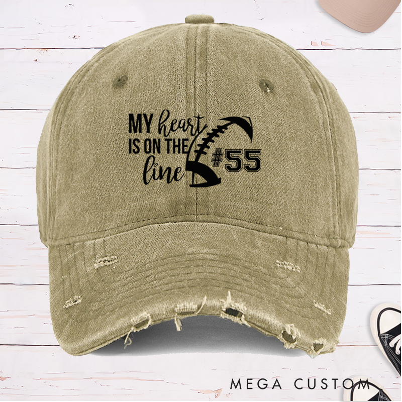Personalized American Football Cap for "My Heart is on the Line" with Custom Jersey Number