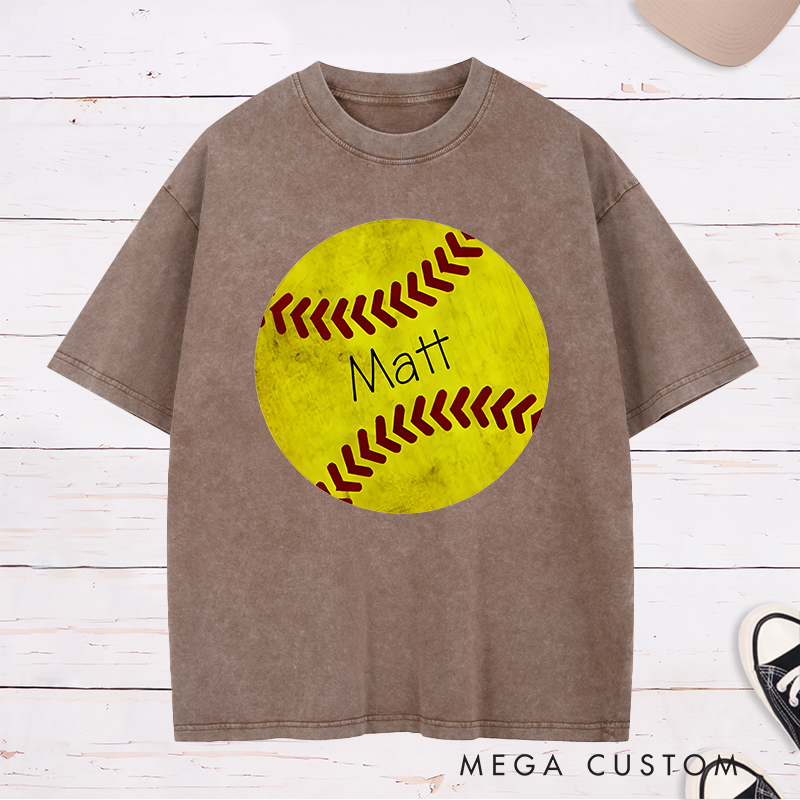 Personalized Softball Washed T-Shirt Design Featuring Custom Name Inside a Bold Softball Graphic