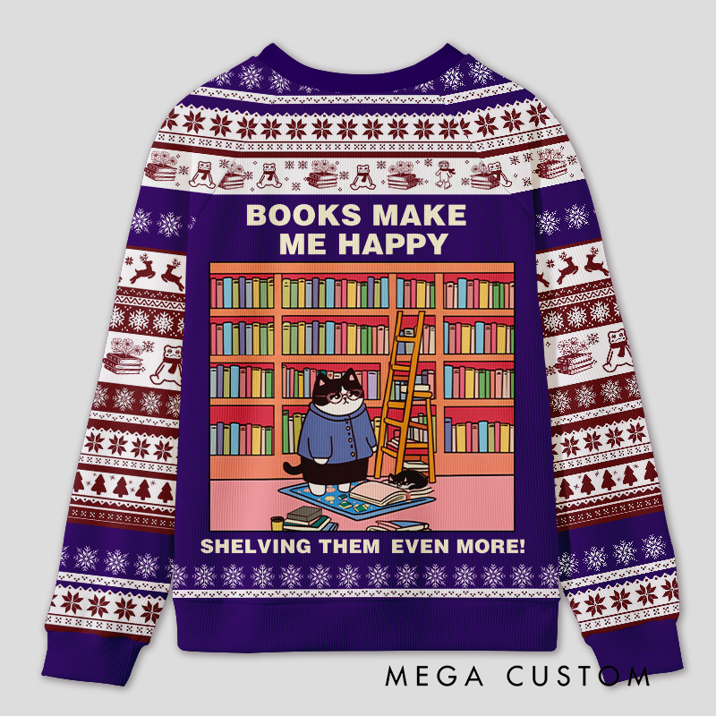 Personalized Hilarious Cat Rearranging Bookshelves Ugly Sweater Holiday Gift for Cat-Loving Book Loves