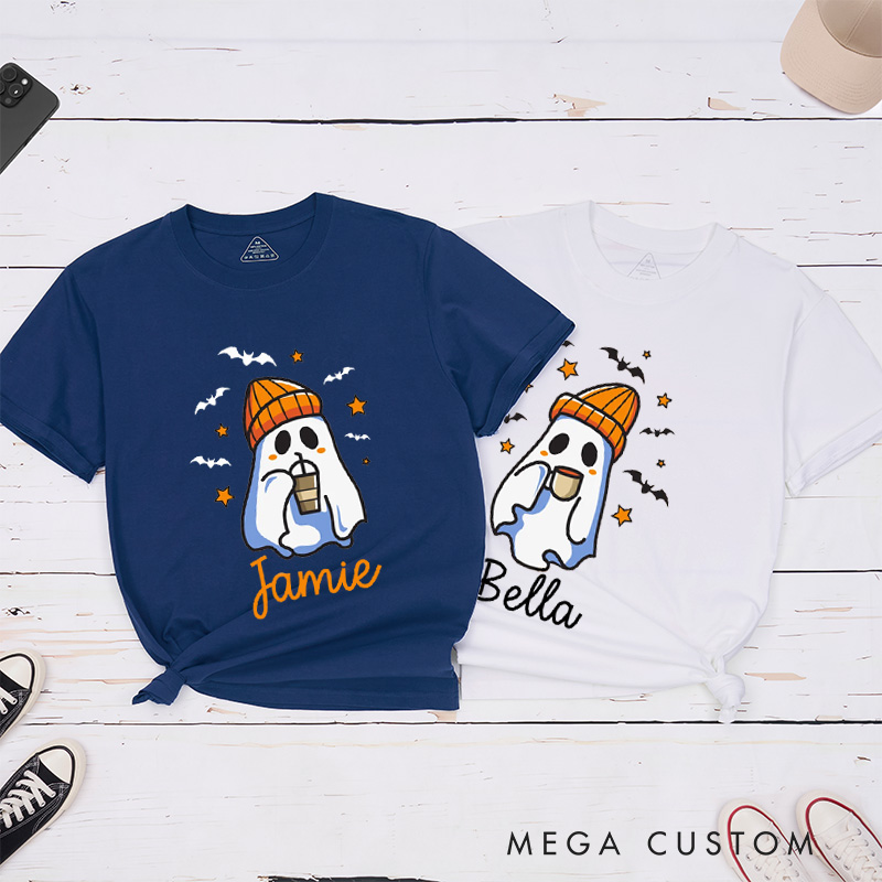 Personalized Coffee-Drinking Ghost Couple Halloween Funny Matching T-Shirt