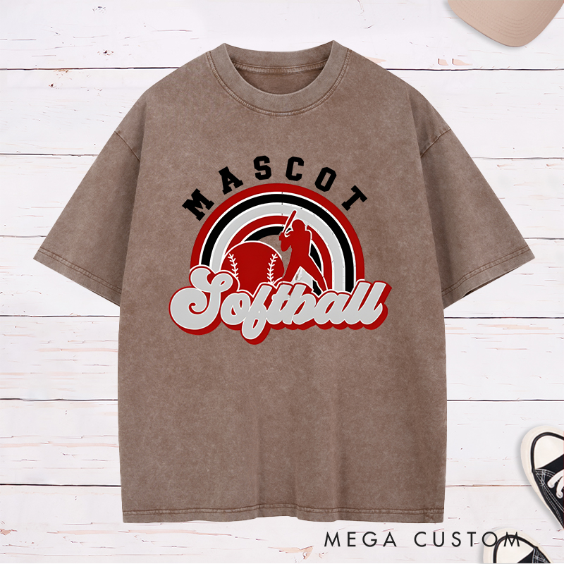 Personalized Softball Washed T-Shirt Design Featuring Custom Team Name Retro Rainbow Graphic Player Silhouette and Bold Typography