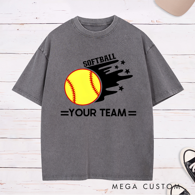 Personalized Softball Team Washed T-Shirt Design Featuring Customizable Team Name Bold Motion Trail Graphic with Stars and Striking Softball Element