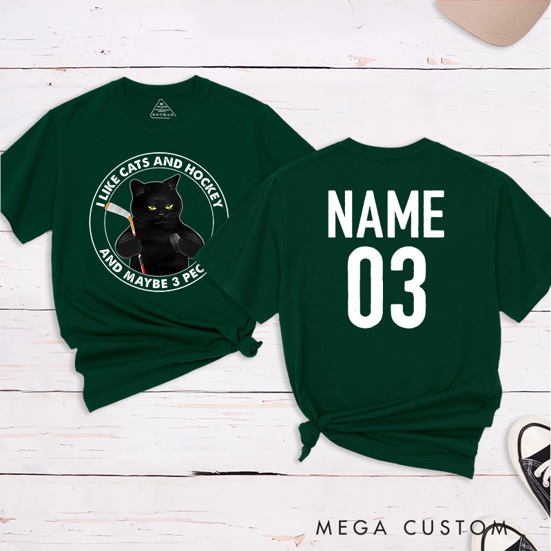 Personalized Funny Cat and Hockey Lover T-Shirt with Custom Name and Number