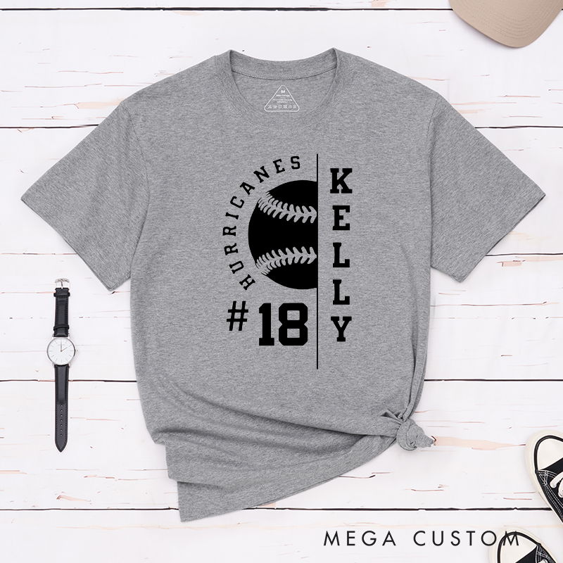 Personalized Baseball T-Shirt with Half Baseball Graphic and Custom Name and Number